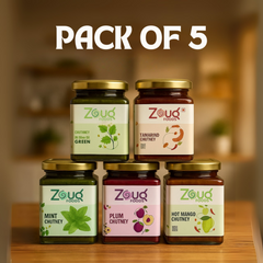 Pack of 5 Mixed Chutney Combo – Mint, Tamarind, Plum, Mango & Green Chutney