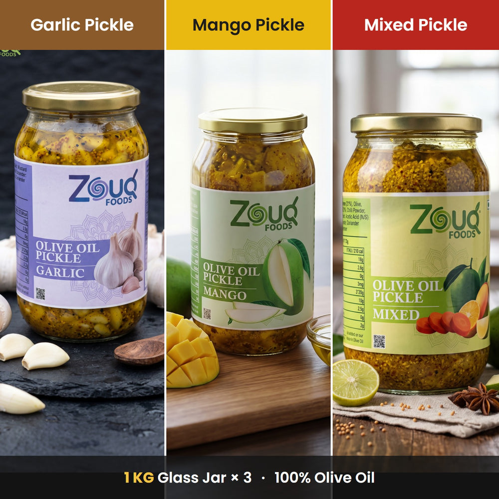 Pack of 3 Big 1 KG Glass Jars – Garlic, Mango, Mixed