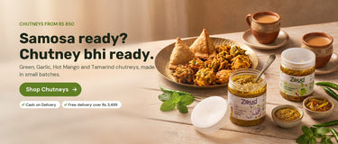 Zouq Foods chutneys in clear tubs with samosas and chai - chutneys from Rs 850