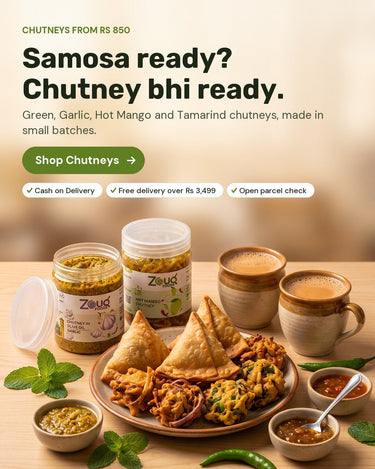 Zouq Foods chutneys in clear tubs with samosas and chai - chutneys from Rs 850