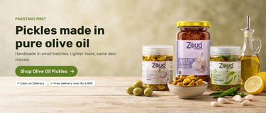 Zouq Foods olive oil pickles in clear tubs and a glass jar - Pakistan's first pickles made in pure olive oil