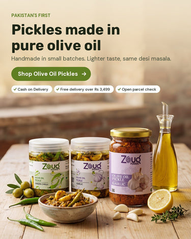 Zouq Foods olive oil pickles in clear tubs and a glass jar - Pakistan's first pickles made in pure olive oil