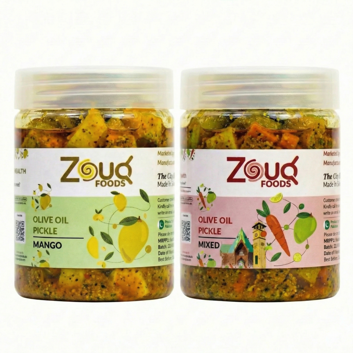 Zouq Foods Premium Olive Oil Pickle Combo: Mango & Mixed Achar (Pack of 2, 500g Each)