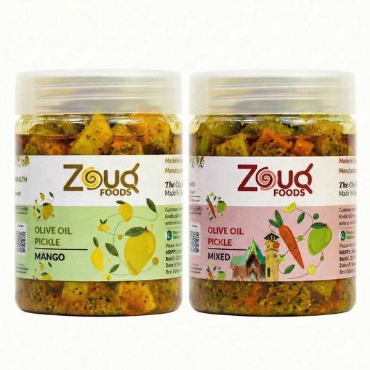 Zouq Foods Premium Olive Oil Pickle Combo: Mango & Mixed Achar (Pack of 2, 500g Each)