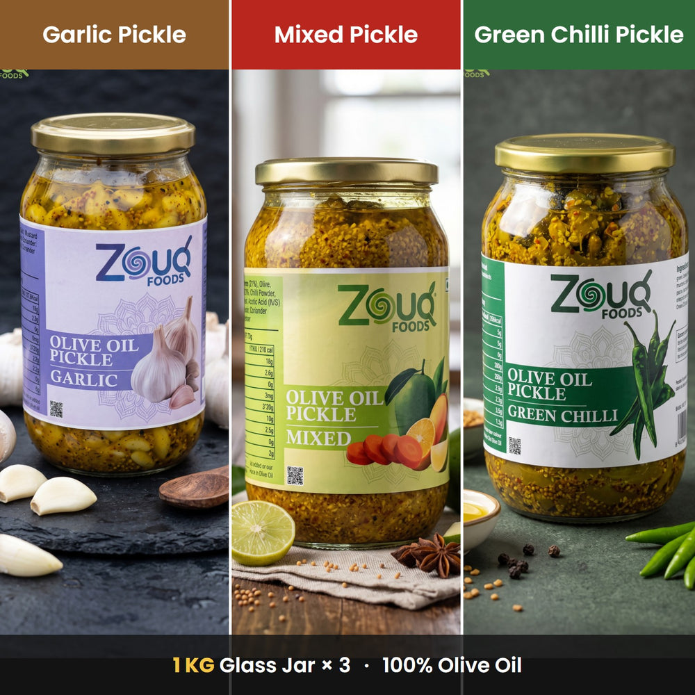 Pack of 3 Big 1 KG Glass Jars – Garlic + Mixed + Chilli
