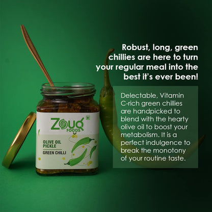 Zouq Green Chilli Pickle in Olive Oil 390 Grams