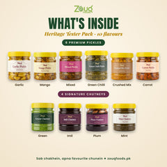 What is inside the Zouq Heritage Tester Pack - Garlic, Mango, Mixed, Green Chilli, Crushed Mix, Carrot pickles; Green, Imli, Plum, Mint chutneys