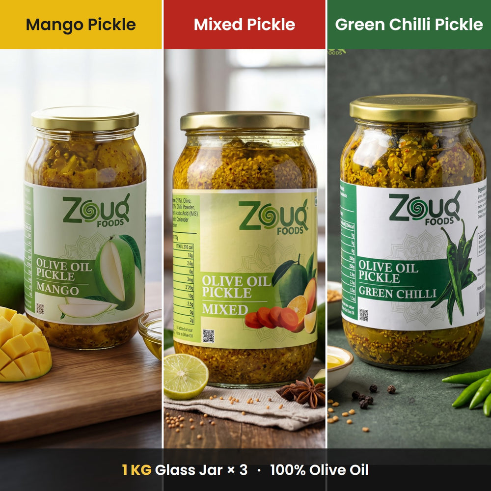 Pack of 3 Big 1 KG Glass Jars – Mango + Mixed + Chilli