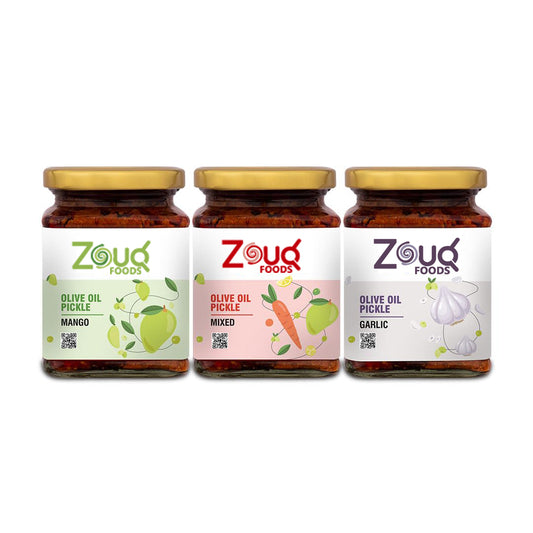 Zouq Pickle In Olive Oil Combo Pack Of 3 (Mango Pickle 390M + Mixed Pickle 390GM + Garlic Pickle 390GM)