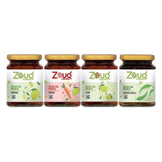 Zouq Pickle In Olive Oil Combo Pack Of 4 (Mango Pickle 390 GM + Mixed Pickle 390 GM + Lime Pickle 390 GM+ Green Chilli Pickle 390 GM)