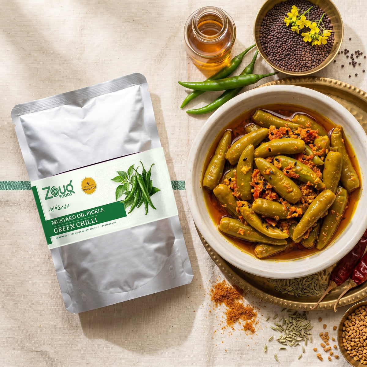 Zouq Green Chilli Pickle in Mustard Oil - Saver Pouch